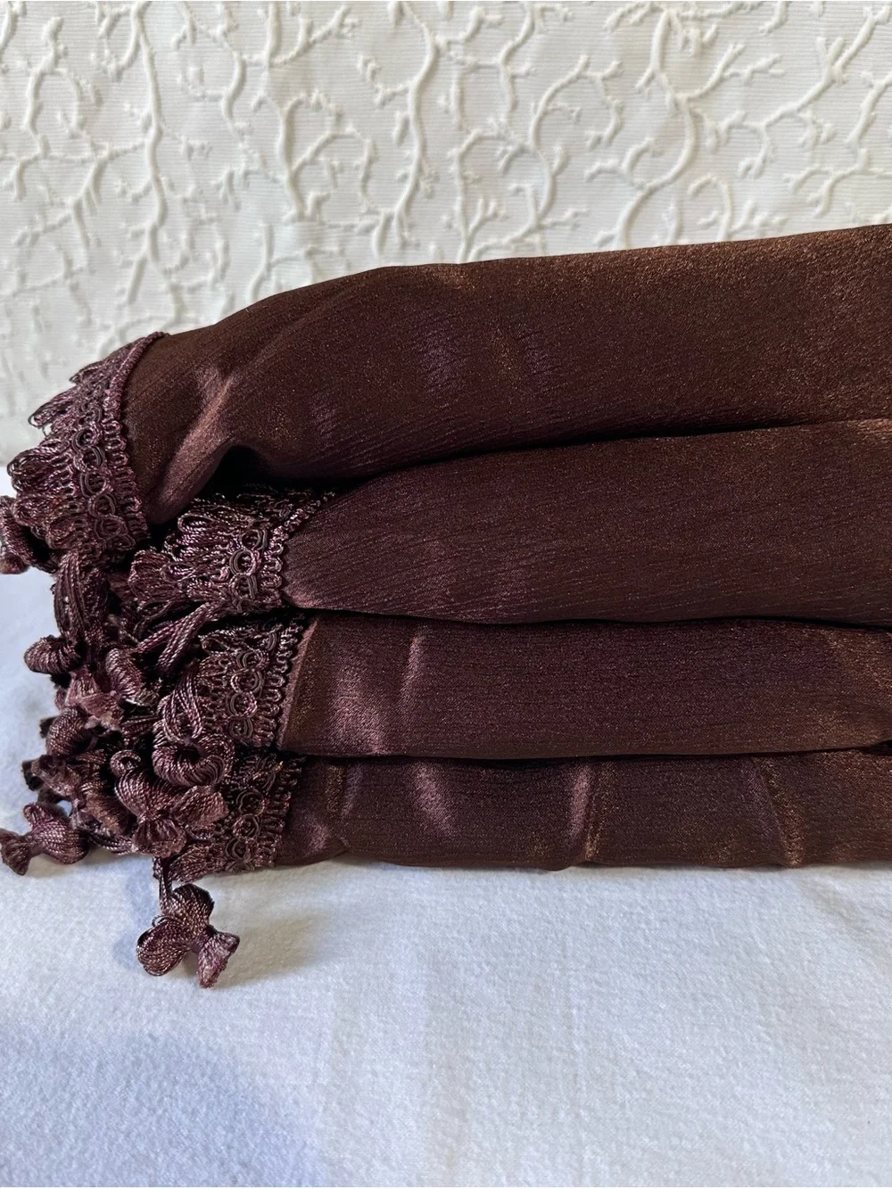 Elegant Brown Draped Valance with Beaded Trim - Home Accents